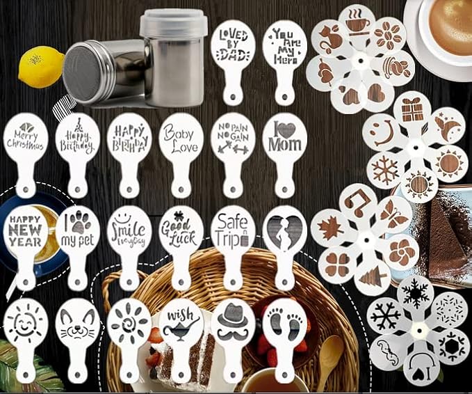 45 Coffee Stencils+2 Mesh Powder Shakers, Cake Baking Templates Coffee by Magnoloran