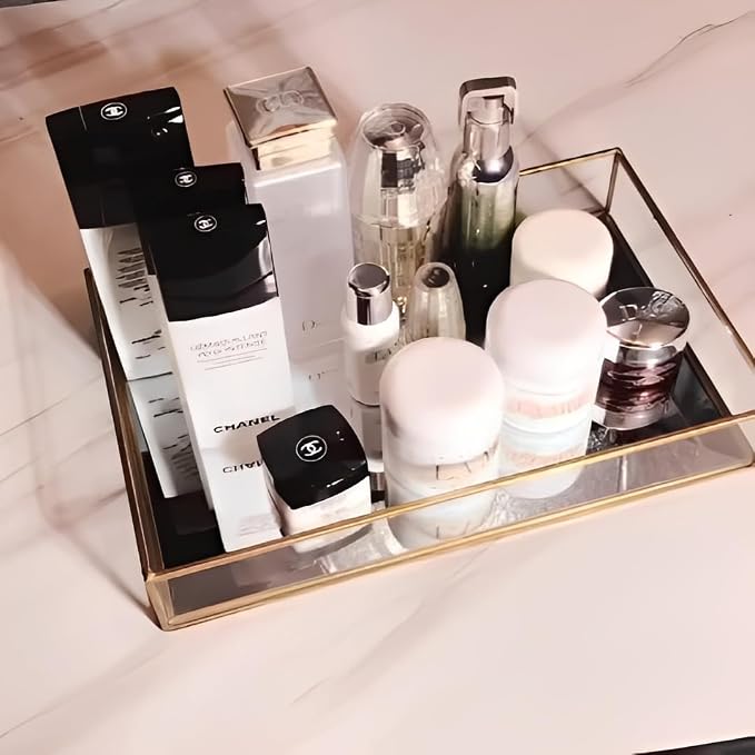 Sooyee Gold Rectangle Mirror Tray, Metal and Glass Decorative Tray Can Hold - Image 5