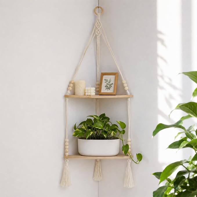 Artilady Macrame Wall Hanging Corner Shelf 2-Tier, Adjustable Boho Stable by Artilady