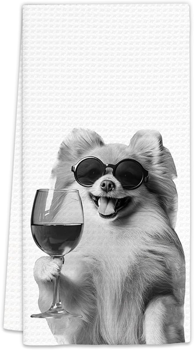 Pomeranian Gifts Wine Dog Kitchen Towels, Gifts by FIicy