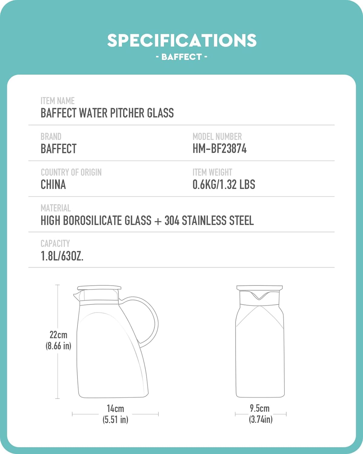 Baffect Water Pitcher, High Borosilicate Glass Jug with Stainless Steel Lid, Leakproof Fridge Door Carafe for Hot or Cold Beverage Vertical Pattern (1.8 L/63 oz.)