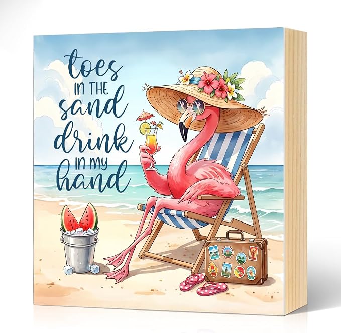 In My Hand Toes In The Sand Flamingo Woodblock Plaque Box Sign by Unknown