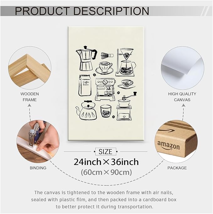 Wrapped Framed Modern Kitchen Wall Art 24x36 inch Black and White Minimalist - Image 2