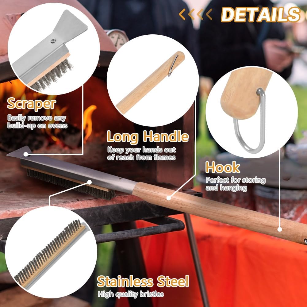Pizza Oven Brush, 21" Brush and Stainless Steel Scraper for Pizza Stone, BBQ Grill Cleaning Brush Non Scratch Heat Proof Stainless Steel Bristles with Screwdriver for Pizza Oven and Accessories