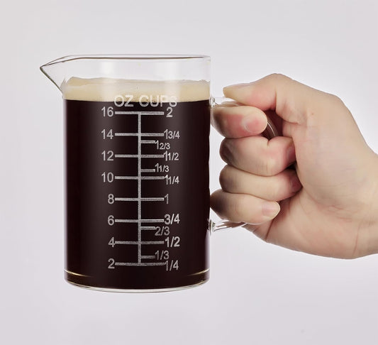 Ackers Etched Graduated Glass Measuring Cup - [Insulated Handle | V-Shaped Spout] - High Borosilicate Glass Measuring Cup for Kitchen or Dining, Easy to Read, 500 ML (16 Oz, 2 Cup)