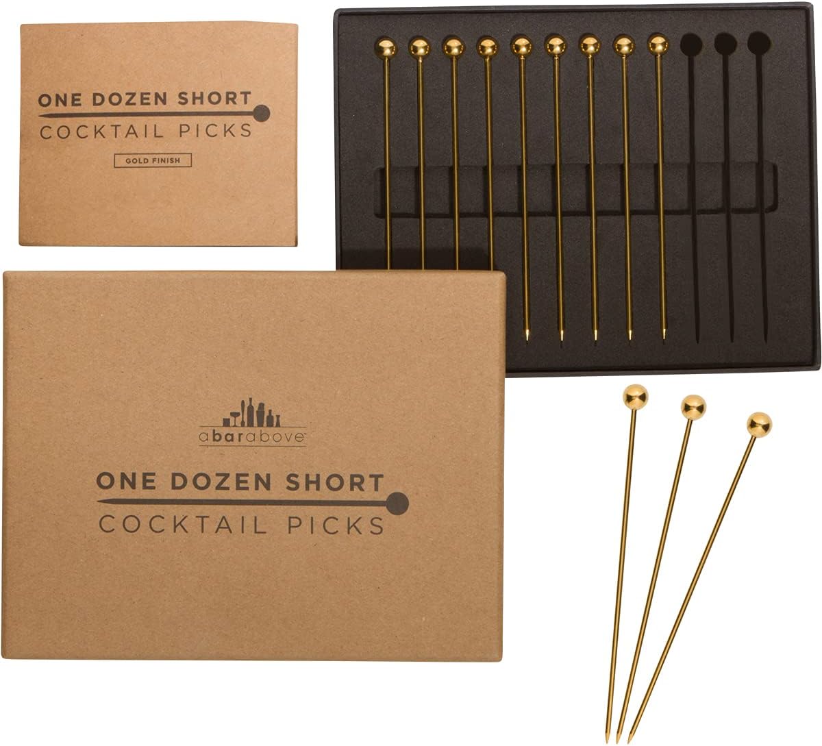 A Bar Above 12-Piece Gold Cocktail Picks, Short Stainless Steel Garnish Skewers for Appetizers, Martinis, Old Fashioneds, Shrimp Cocktail, Bloody Marys, and Premium Drink Presentations