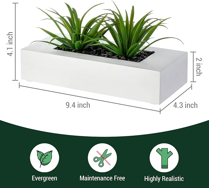 MyGift 10 Inch Artificial Grass Fake Plants in White Rectangular Wood Planter - Image 5