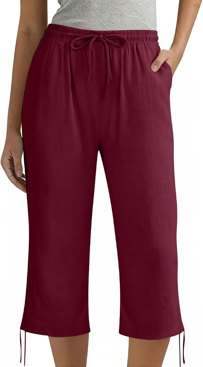 Linen Capri Pants for Women Drawstring Elastic Wide Leg Trouser 2026 Summer - Image 2