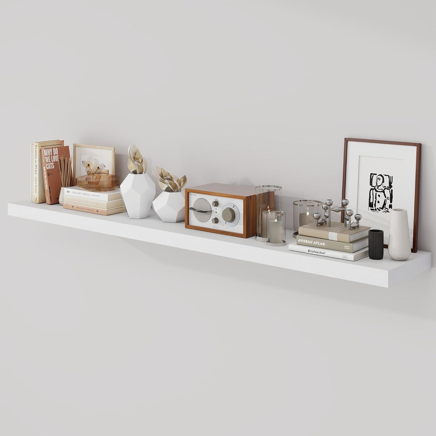 55 Inch Floating Shelves, 9.3" Deep Floating Shelf Wall Mounted, 56" Wall Shelves, Rustic Deep Bookshelf, Large Display Shelves & Storage Shelves for Bedroom, Living Room, White, Set of 1