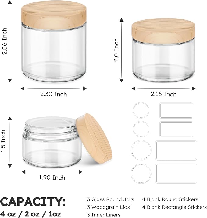 Glass Cosmetic Jars with Plastic Woodgrain Lids, 4 oz, 2 oz 1 oz Small Glass - Image 3