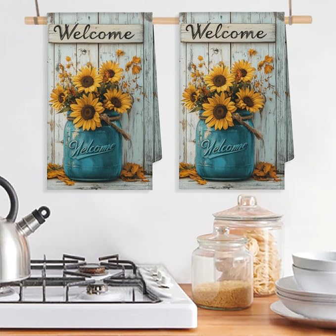 Welcome Sunflowers Kitchen Towels Set of 2 Flower Bottle Dish Towels Bar - Image 5