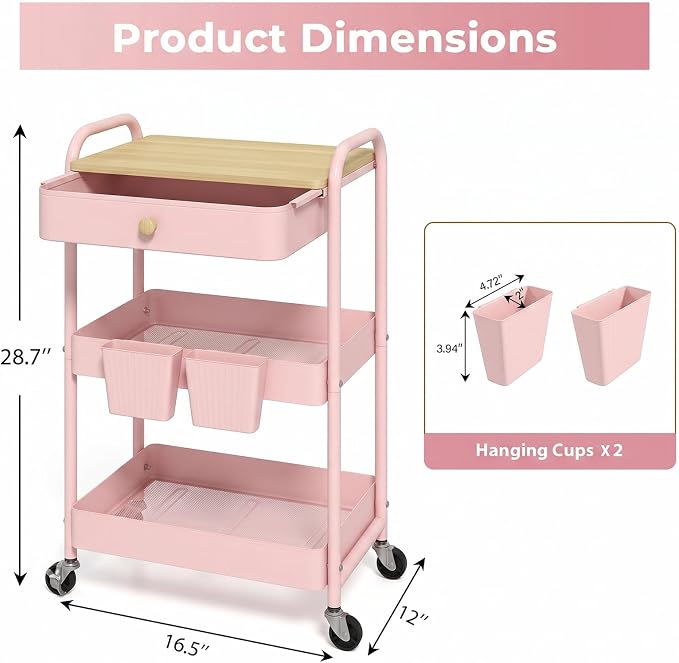 danpinera Rolling Cart with Drawers, Storage Cartwith Locked Wheels, Hooks & - Image 2