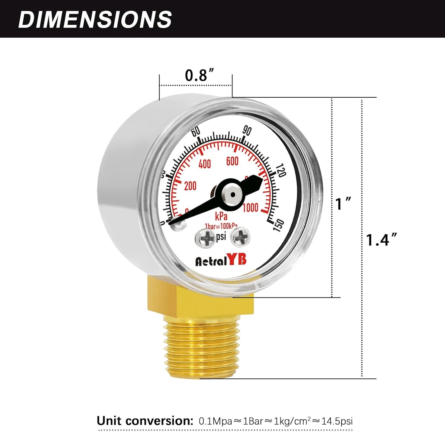 1-Inch Mini Pressure Gauge, 0-150 PSI / 0-1000 kPa, High-Pressure Dual-Scale Air Pressure Gauge, Stainless Steel Case, 1/8” NPT Bottom Mount for Hydraulics and Compressed Air Systems