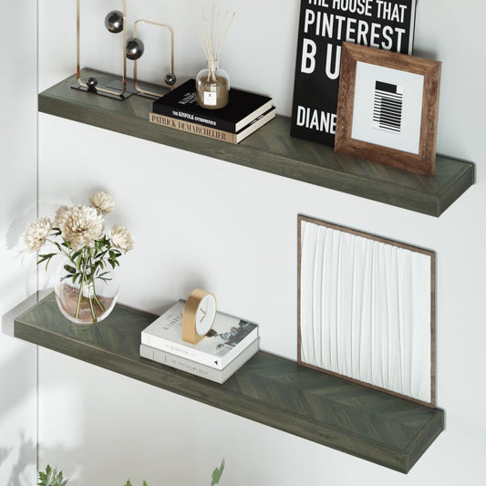 48" Rustic Farmhouse Floating Shelves – Set of 2 Acacia Wood Shelves for Stylish Wall Decor in Kitchen, Bathroom, Unique Chevron Pattern, Mocha Color, 48x8x1.5 Inches - Set of 2 - DIY