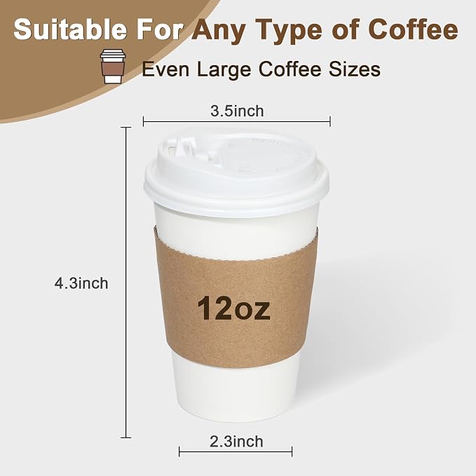 RAZCC 120 Pack 12 oz Paper Coffee Cups Set, Disposable White Coffee Cups - Image 2