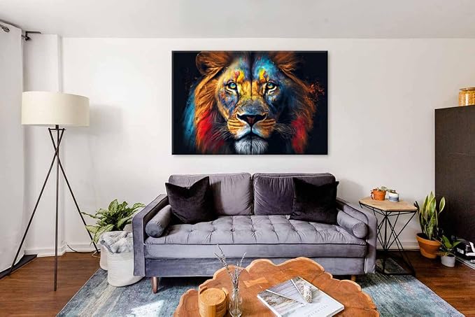 Framed Colorful Lion Wall Art Wildlife Animals Pictures Living Room Wall Decor - Image 5