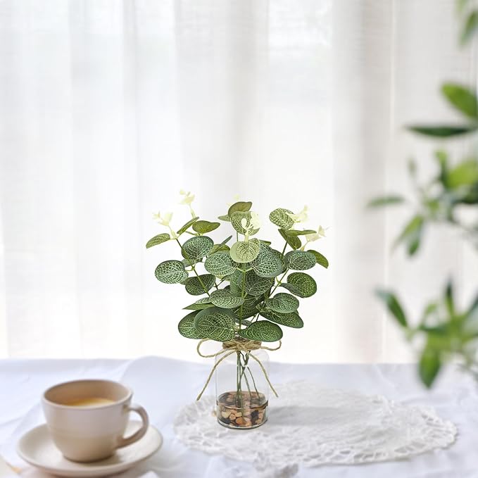 2 Pack Artificial Eucalyptus Stems in Glass Vases, Small Faux Plants - Image 4