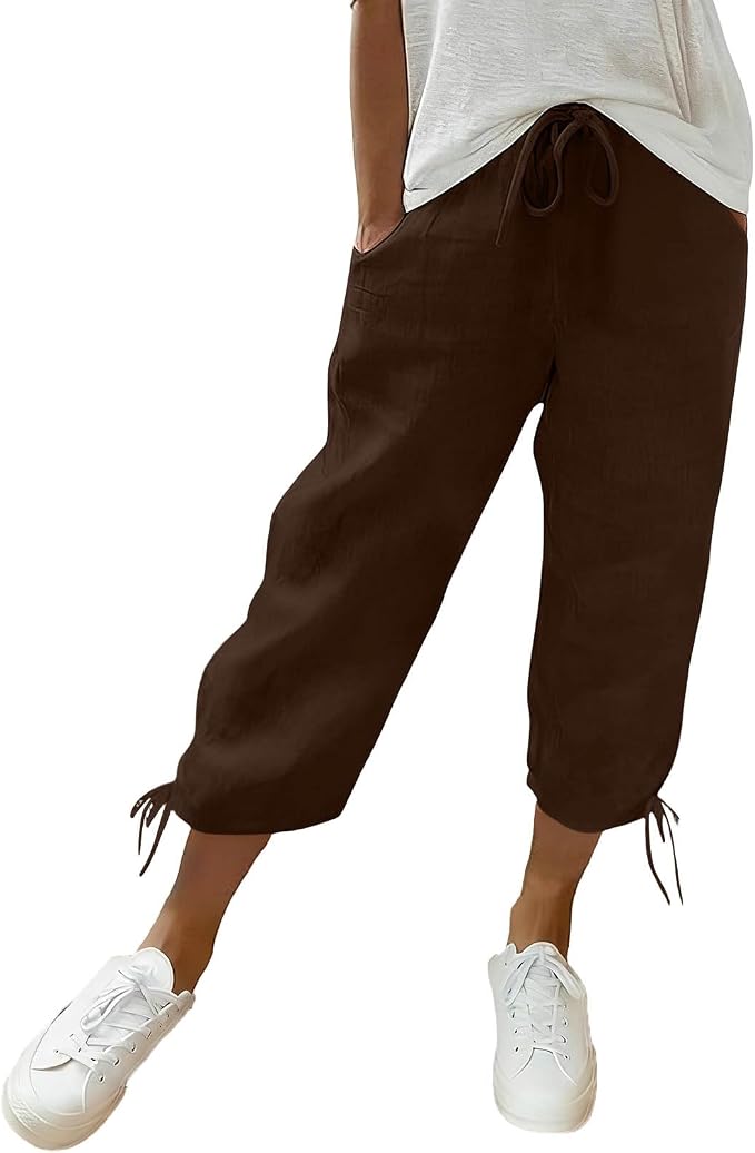 Linen Capri Pants for Women Drawstring Elastic Wide Leg Trouser 2026 Summer by Unknown