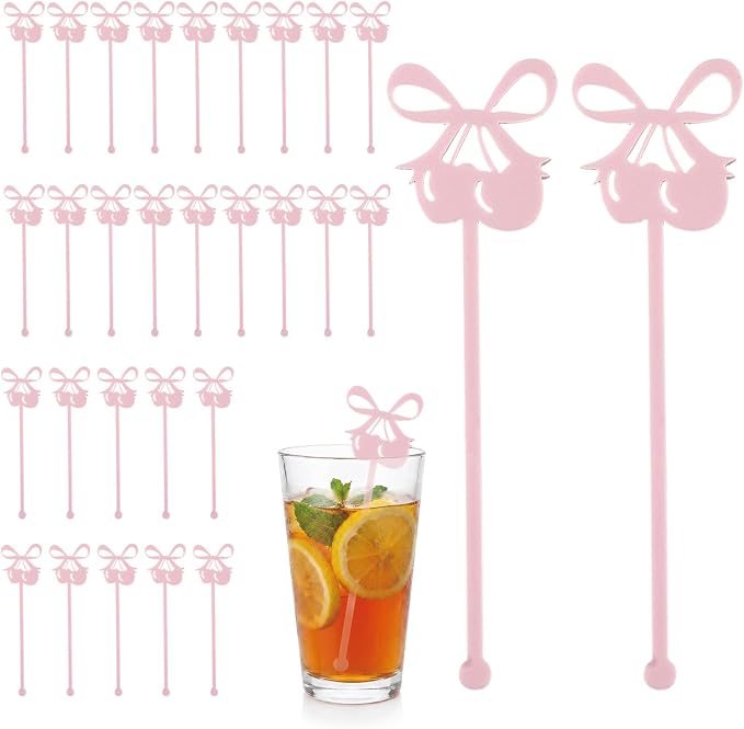30 PCS 6 Inch Matte Pink Bow Cherry Drink Stirrers, Acrylic Swizzle Sticks by Unknown
