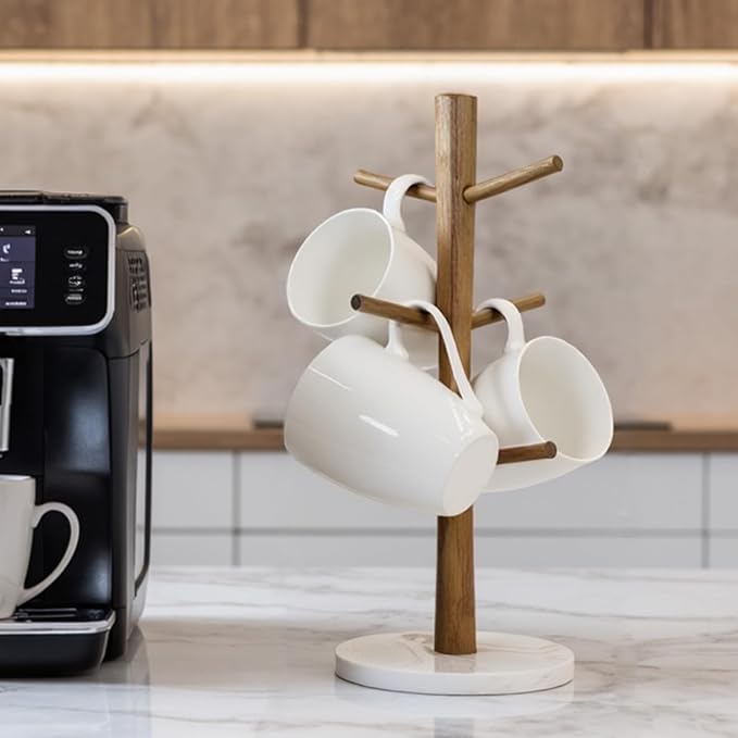 Buruis Wood Mug Holder, Marble Base Cup Rack Tree, Mug Stand Hanger, Kitchen - Image 2