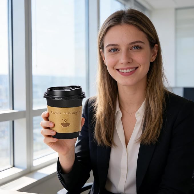 Lamosi 10 oz Coffee Cups with Lids 100 Pack, Disposable Coffee Cup with Stir - Image 4