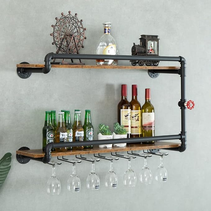 Wine Rack Wall Mounted 2 Tier, Hanging Floating Bar Liquor Shelves by BOTAOYIYI