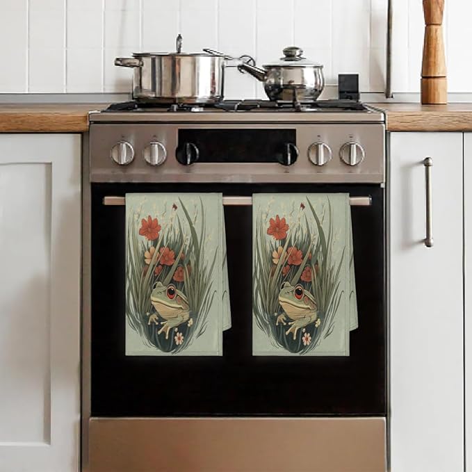 Vintage Frog Kitchen Towels Set of 2 Grass Flowers Dish Towels Bar Absorbent - Image 7