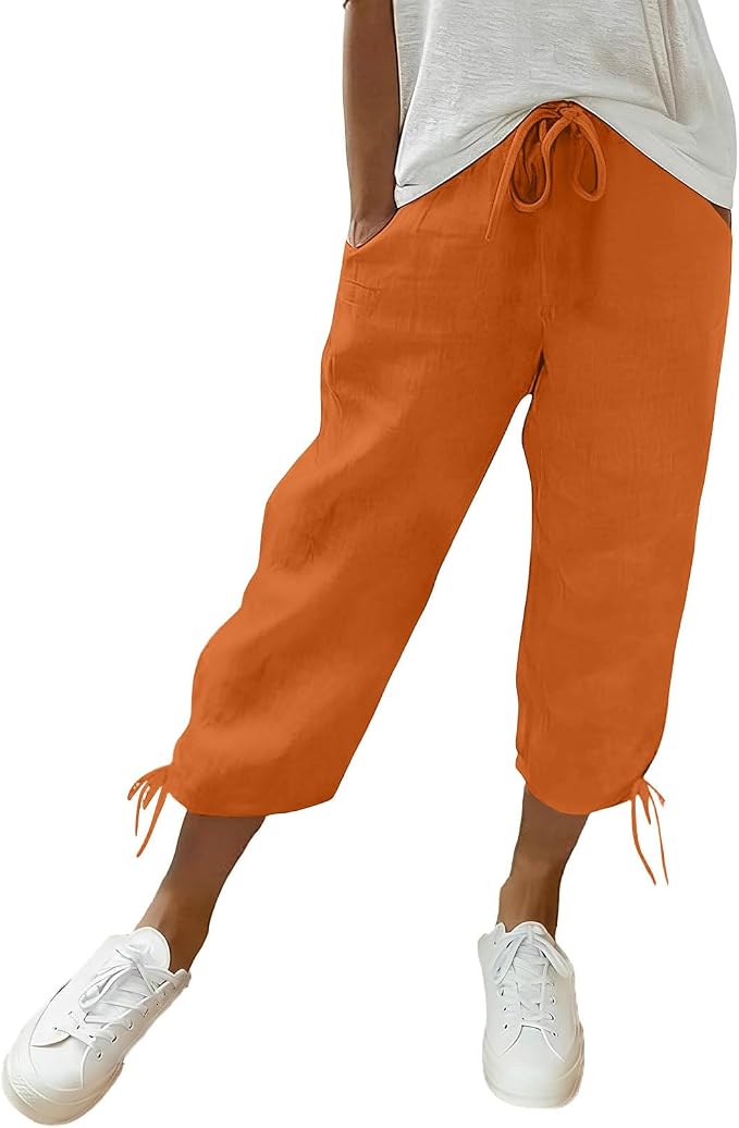 Linen Capri Pants for Women Drawstring Elastic Wide Leg Trouser 2026 Summer by Unknown