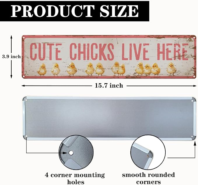 Cute Chicks Live Here Sign, Chicken Coop Decor, Rusty Metal Tin Signs 15.8x4 - Image 2