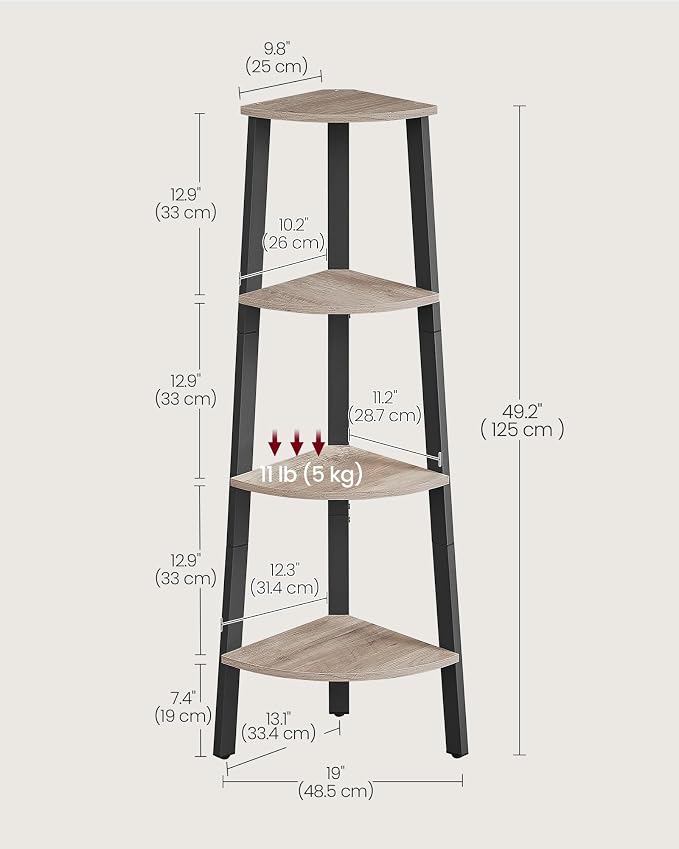 VASAGLE Corner Shelf Stand, 4-Tier Corner Bookshelf, Industrial Ladder Shelf - Image 3