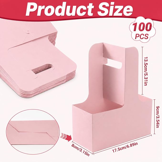 100 Pcs Pink 2 Cup Drink Carrier Disposable, Foldable Kraft Cardboard Cup - Image 2