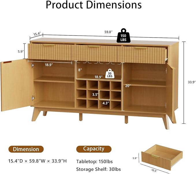 Garvee 60" Wine Bar Cabinet, Modern Liquor Whiskey Coffee Station - Image 2