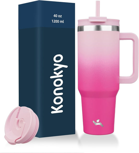 40 oz Tumbler with Handle and 2 Straws,2 in 1 Lid Insulated Water Bottle Stainless Steel Travel Coffee Mug,Cherry Blossoms