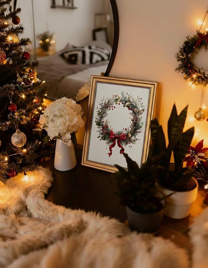 ARPEOTCY Gold Framed Canvas Wall Art, 12x16 Inch Vintage Christmas Wreath Print - Image 4