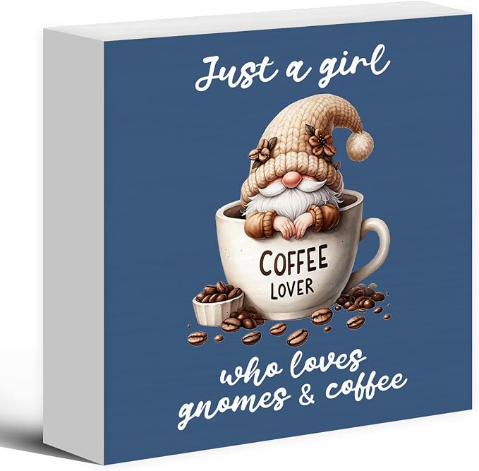 Rustic Coffee Gnomes Blue Wood Box Sign Desk Decor, Drink Lovers Who Loves by Luipk