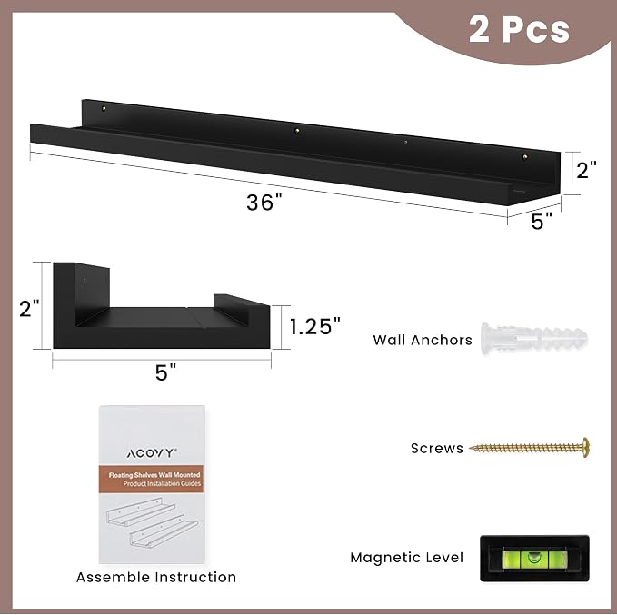Acovy Floating Shelves for Wall, 36 inch Solid Wood Picture Ledge Shelf - Image 3