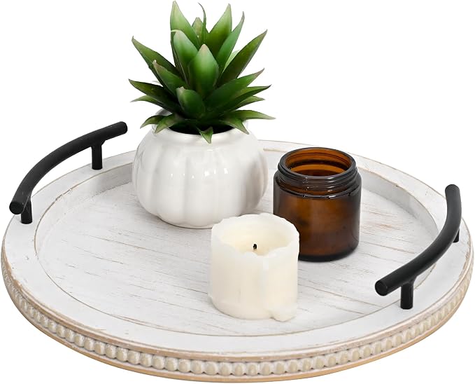 SwallowLiving White Wooden Beaded Serving Tray by SwallowLiving