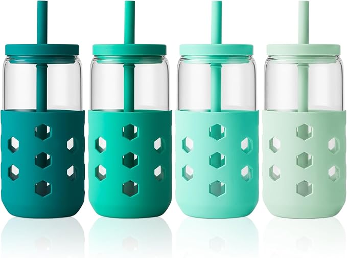 Mrsdry Glass Cups with Lids and Straws, 16oz Drinking Glasses Set with Silicone by Mrsdry