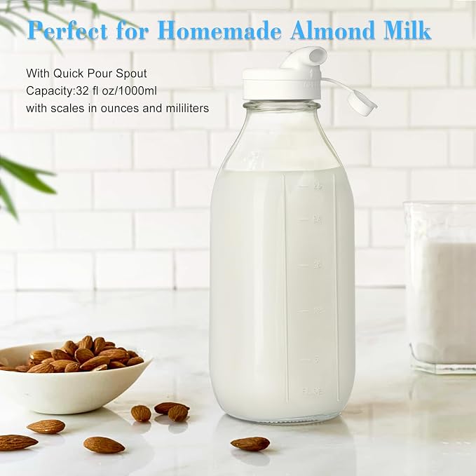 2 Pack Glass Milk Bottle with 2 Dispenser Caps, 100% Airtight Heavy Duty Screw - Image 4