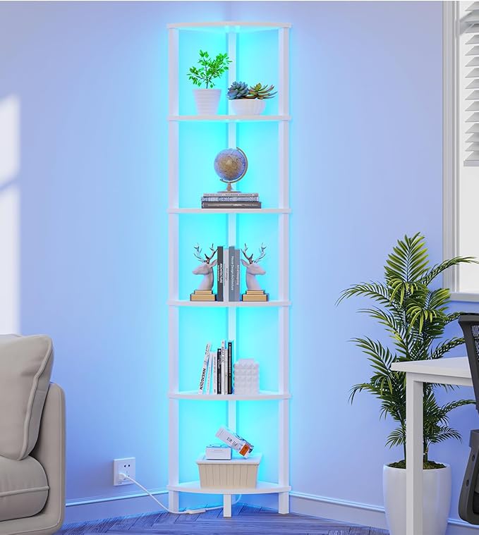 VIMBER Corners Shelf with LED Light, 6-Tier Corner Bookshelf, Industrial by VIMBER