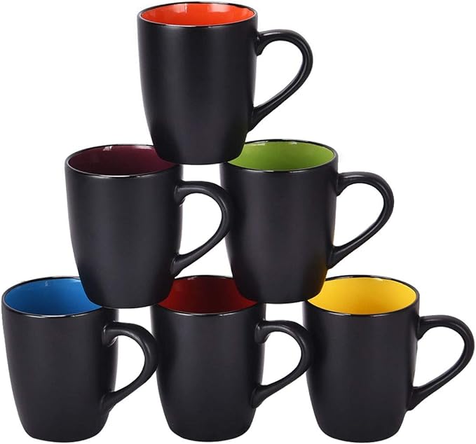 Lifecapido Set of 6 Modern Black Ceramic Coffee Mugs, 16 Ounce Capacity by Lifecapido