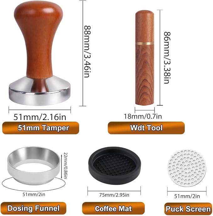 51mm Espresso Accessories Kit, Wooden Handle Espresso Tamper, WDT Tool - Image 5