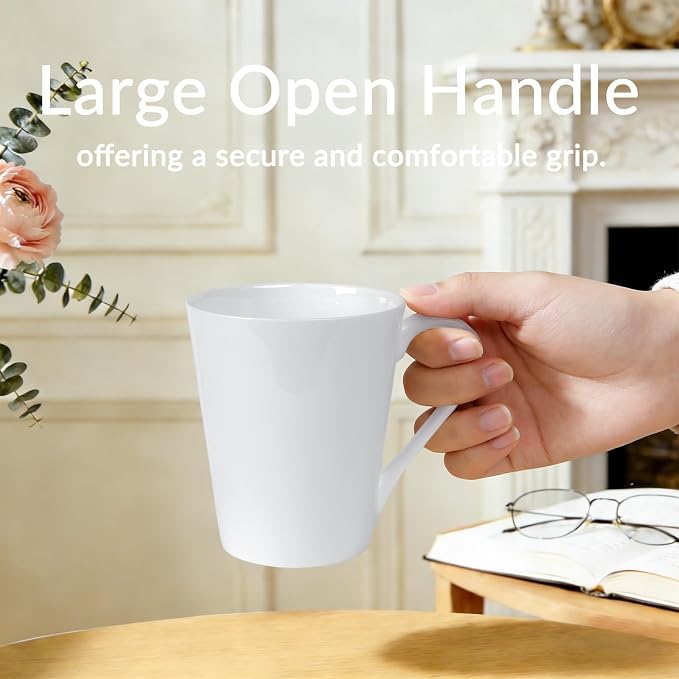 11 Oz Plain White Fine Bone China Coffee Mugs Set of 2, V-Shaped Latte Mug - Image 4