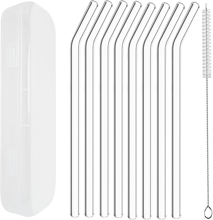 YOGURTCK 8pcs Reusable Clear Glass Drinking Straws, 7.88" x 8MM, Bent Glass by YOGURTCK