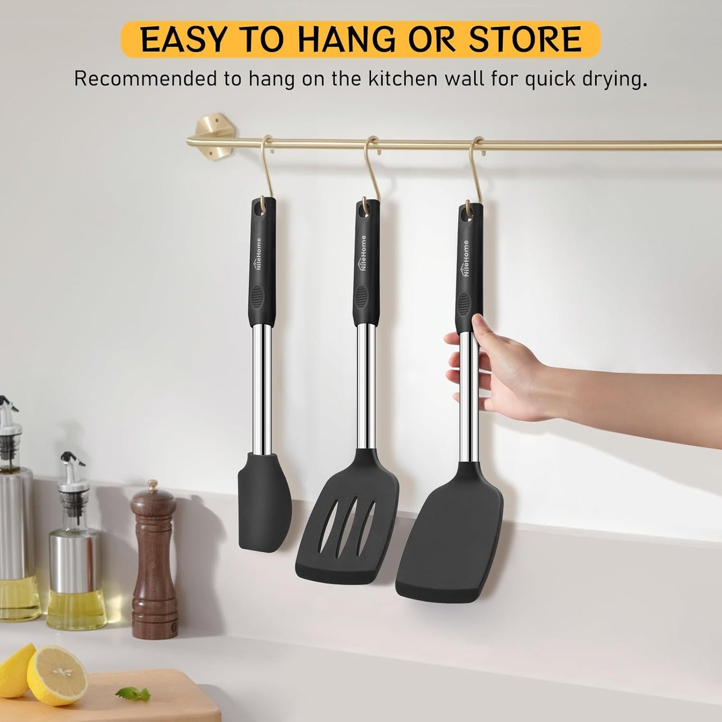 NileHome Pack of 3 Spatulas Silicone Heat Resistant, Cooking Utensils Set, Silicone Spatula BPA Free Cooking Utensils, Ideal Cookware for Fish, Eggs, Pancakes (Black)