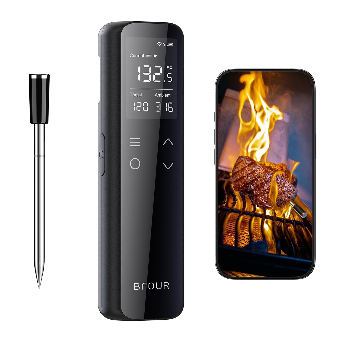 BFOUR WiFi Smart Wireless Meat Thermometer with Standalone Display Base, Bluetooth Food Meat Thermometer with App Control, Internal Ambient Sensor Probes for Cooking, BBQ, Oven, Grill, Smoker