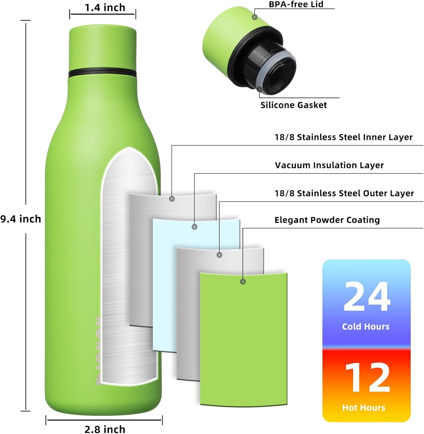 BJPKPK Insulated Water Bottles, 18 oz Stainless Steel Metal Water Bottle with Strap, BPA Free Leak Proof Thermos, Mugs, Flasks, Reusable Water Bottle for Sports & Travel, Green