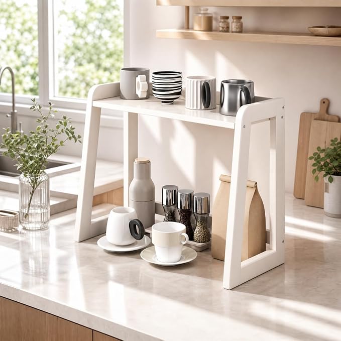 Natural Bamboo Coffee Station Organizer, 2-Tier Wooden Kitchen Counter Shelf - Image 2