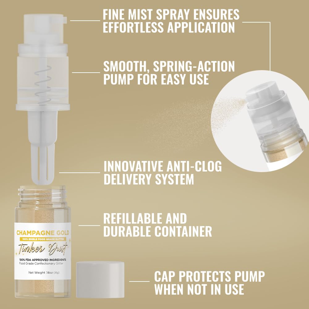 Bakell - Champagne Gold Tinker Dust Edible GLitter (4g, 1x Mini Spray Pump) for Food, Desserts, and Beverages!