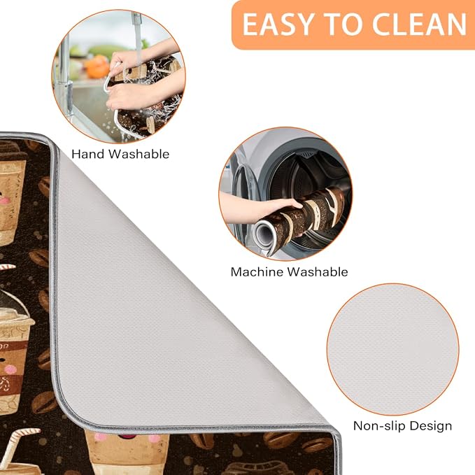Dish Drying Mats for Kitchen Counter Coffee Beans Cups On Brown Drainer Rack - Image 4